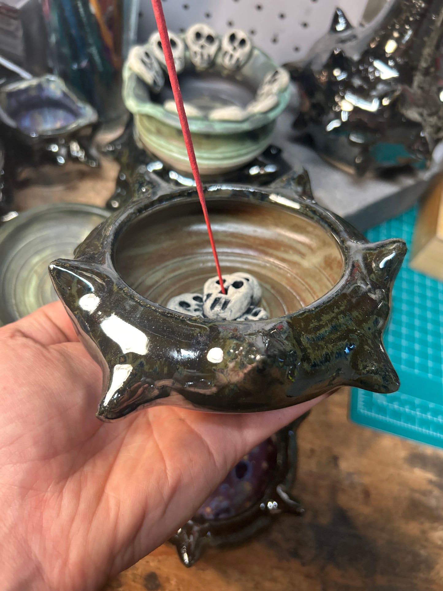 Spiky Brown Skullstack Incense Holder