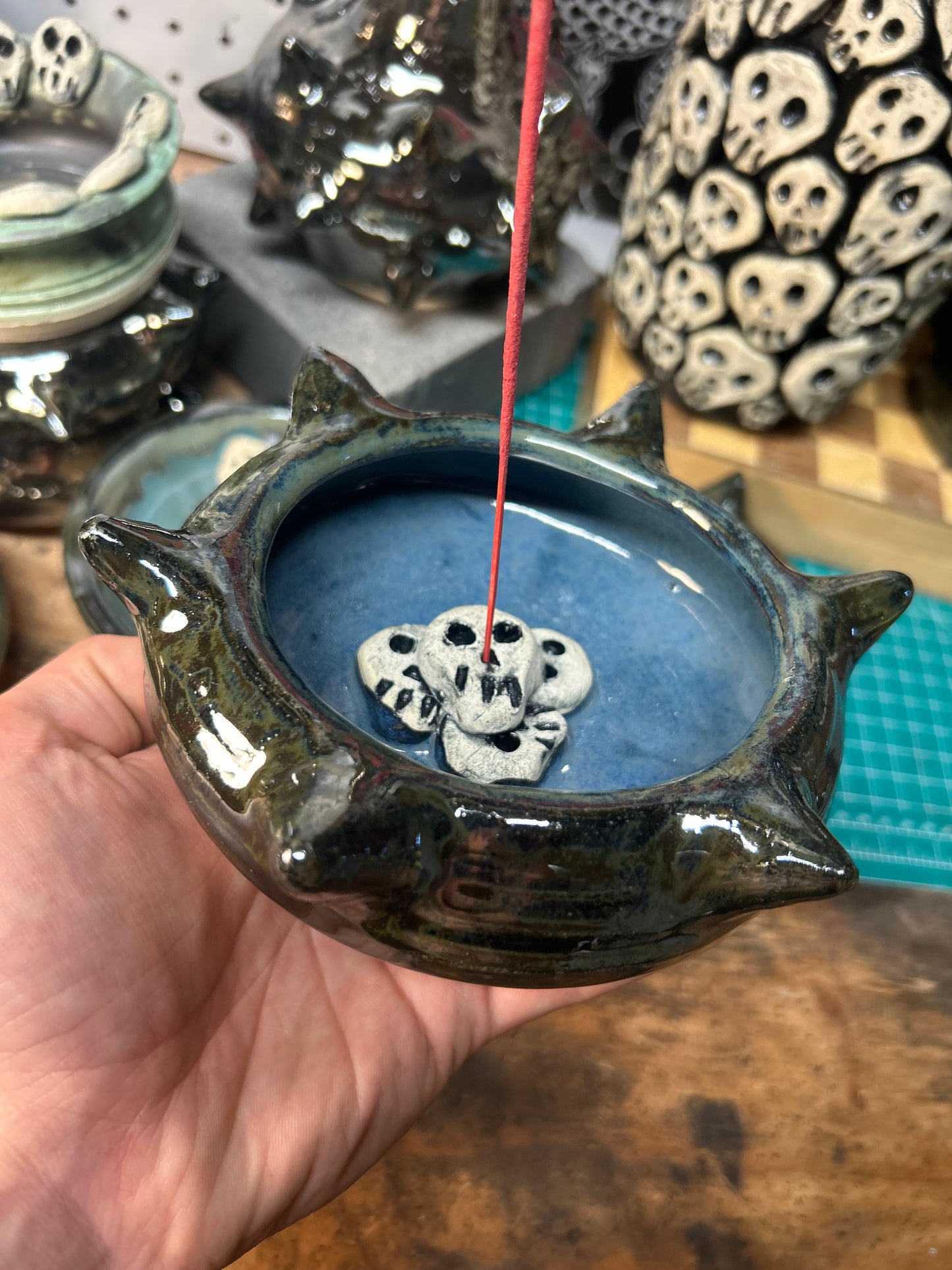 Spiky Blue Skullstack Incense Holder