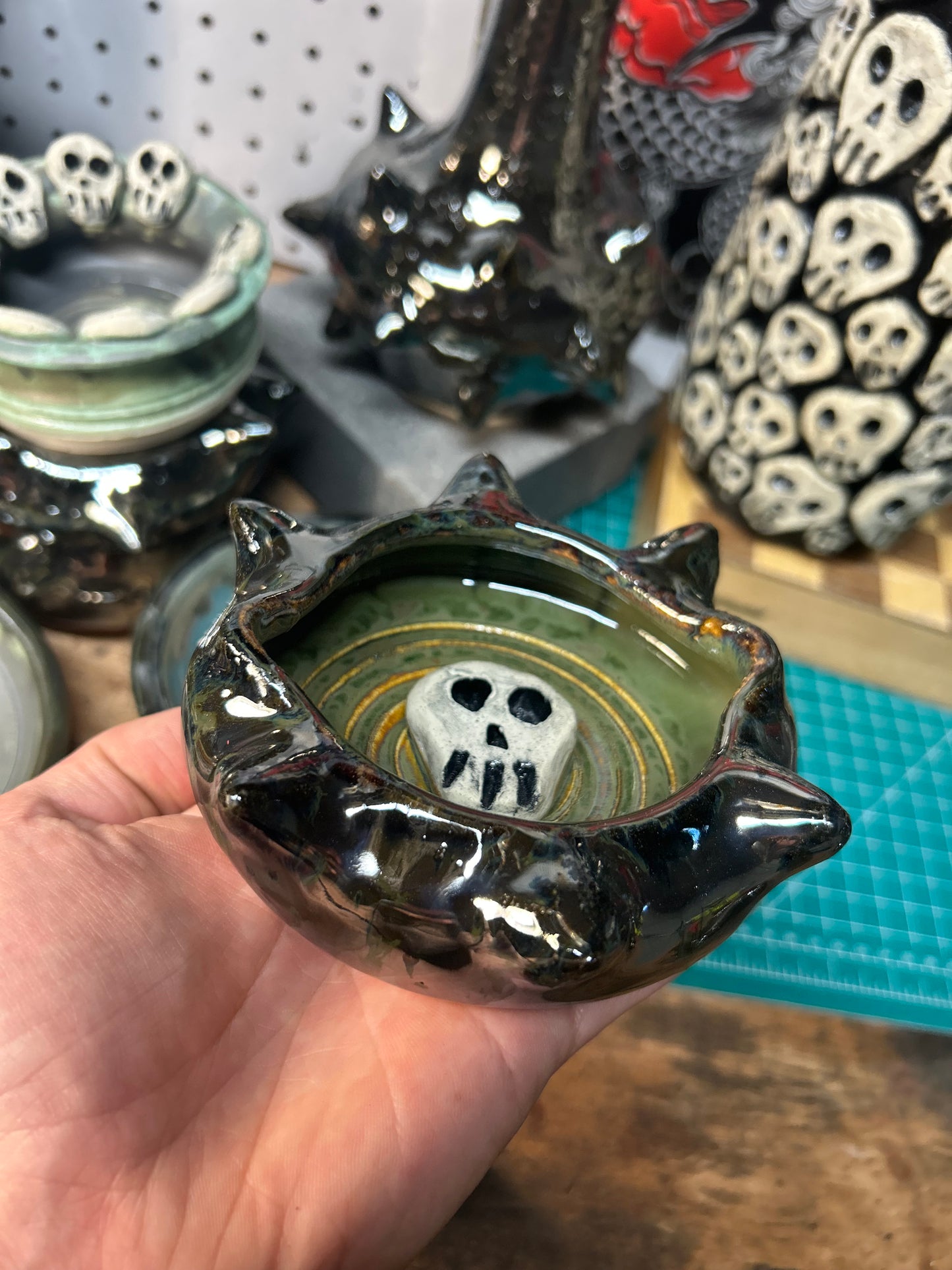 Spiky Green Skull Ashtray