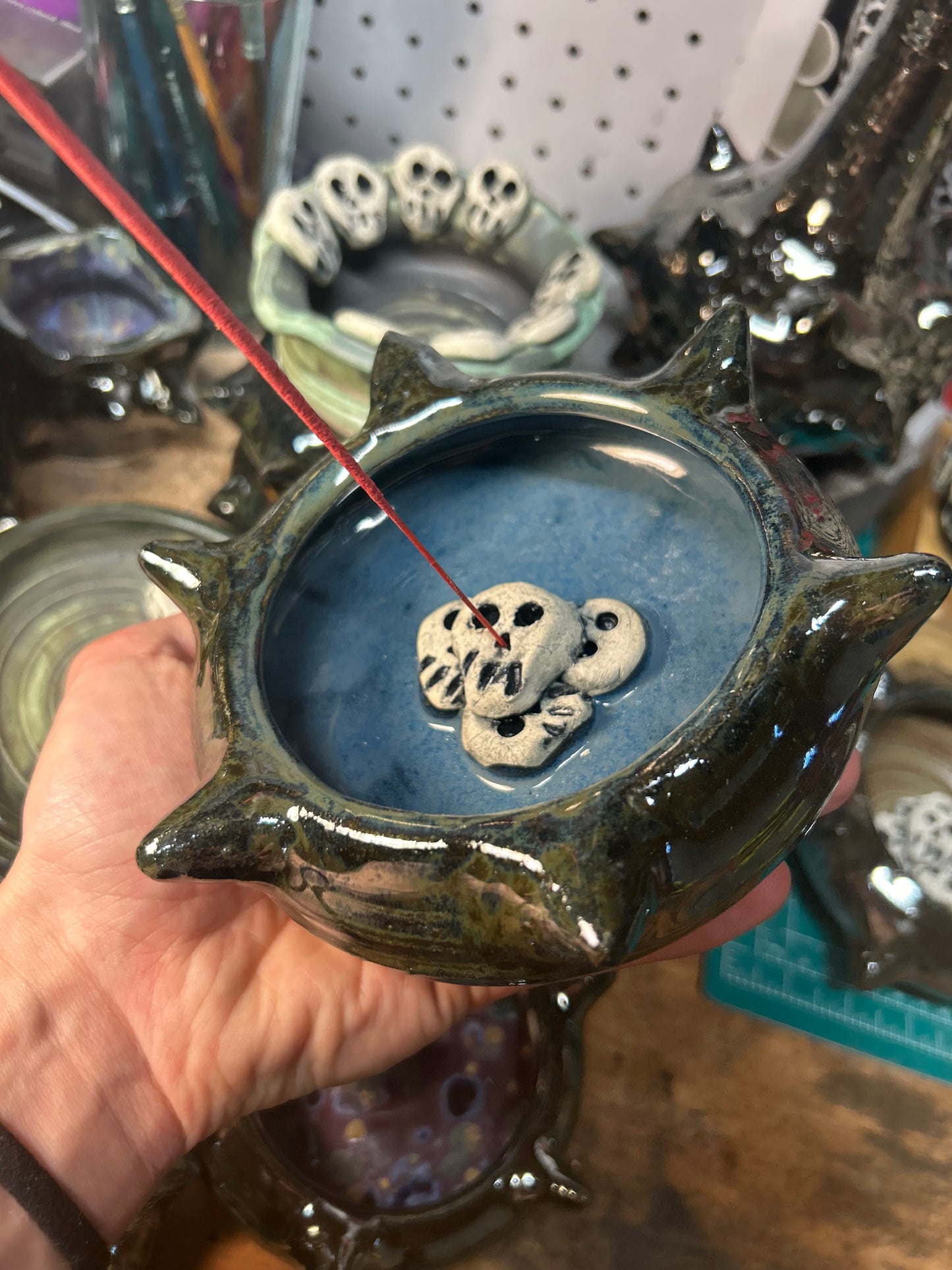 Spiky Blue Skullstack Incense Holder