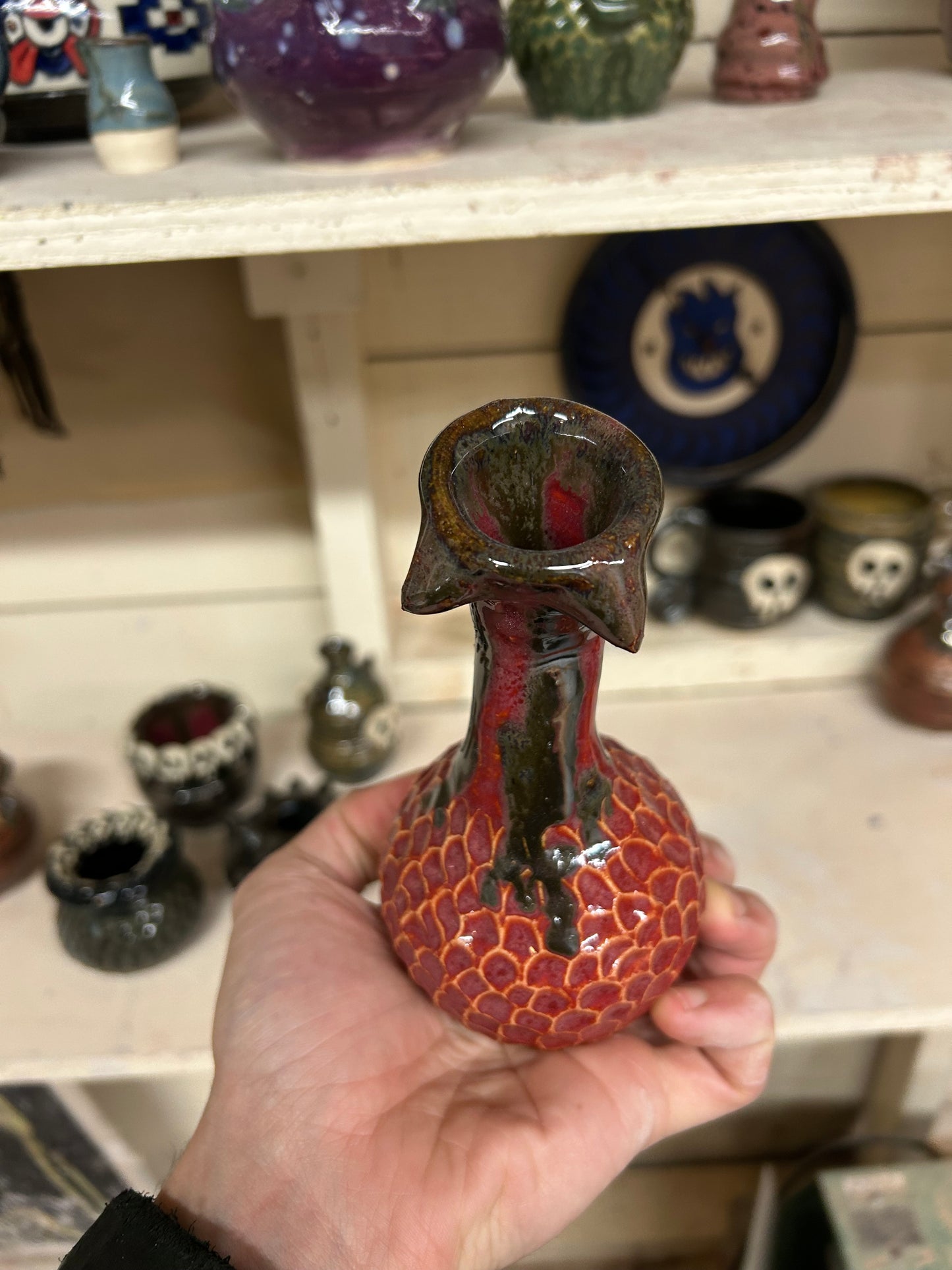 Crimson Warped Neck Vase