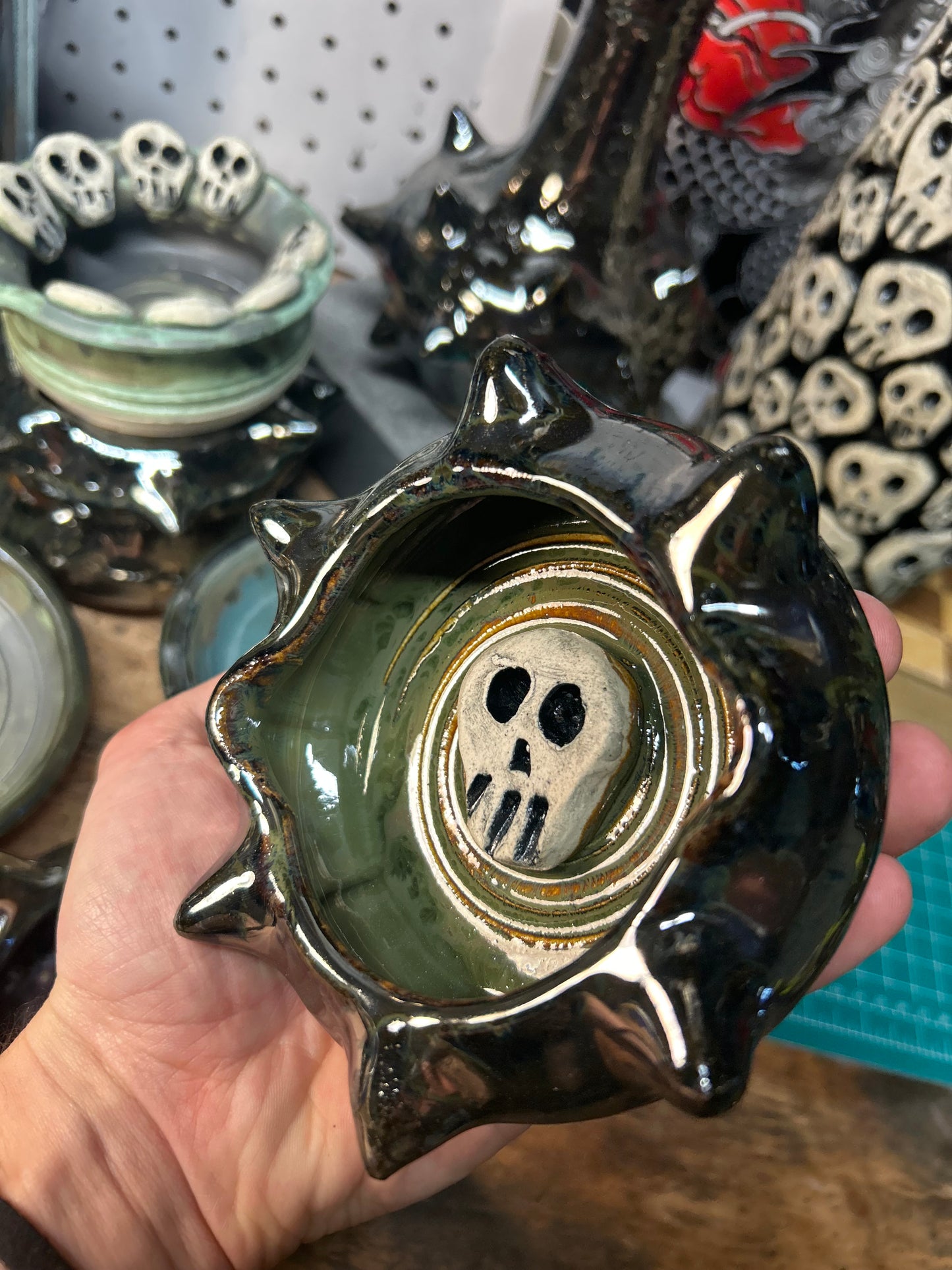 Spiky Green Skull Ashtray