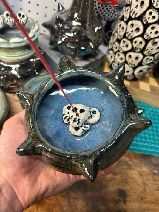 Spiky Blue Skullstack Incense Holder