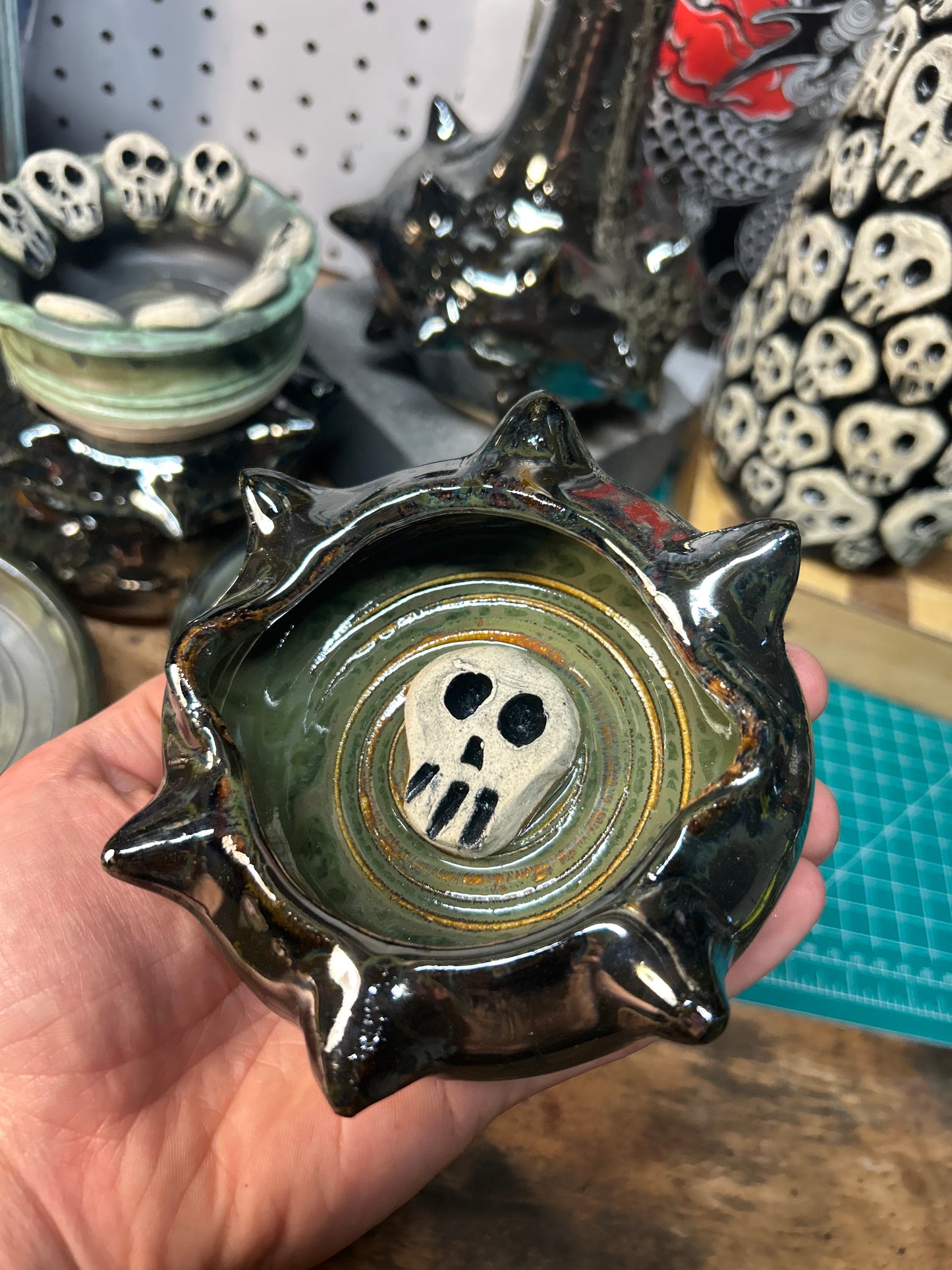 Spiky Green Skull Ashtray