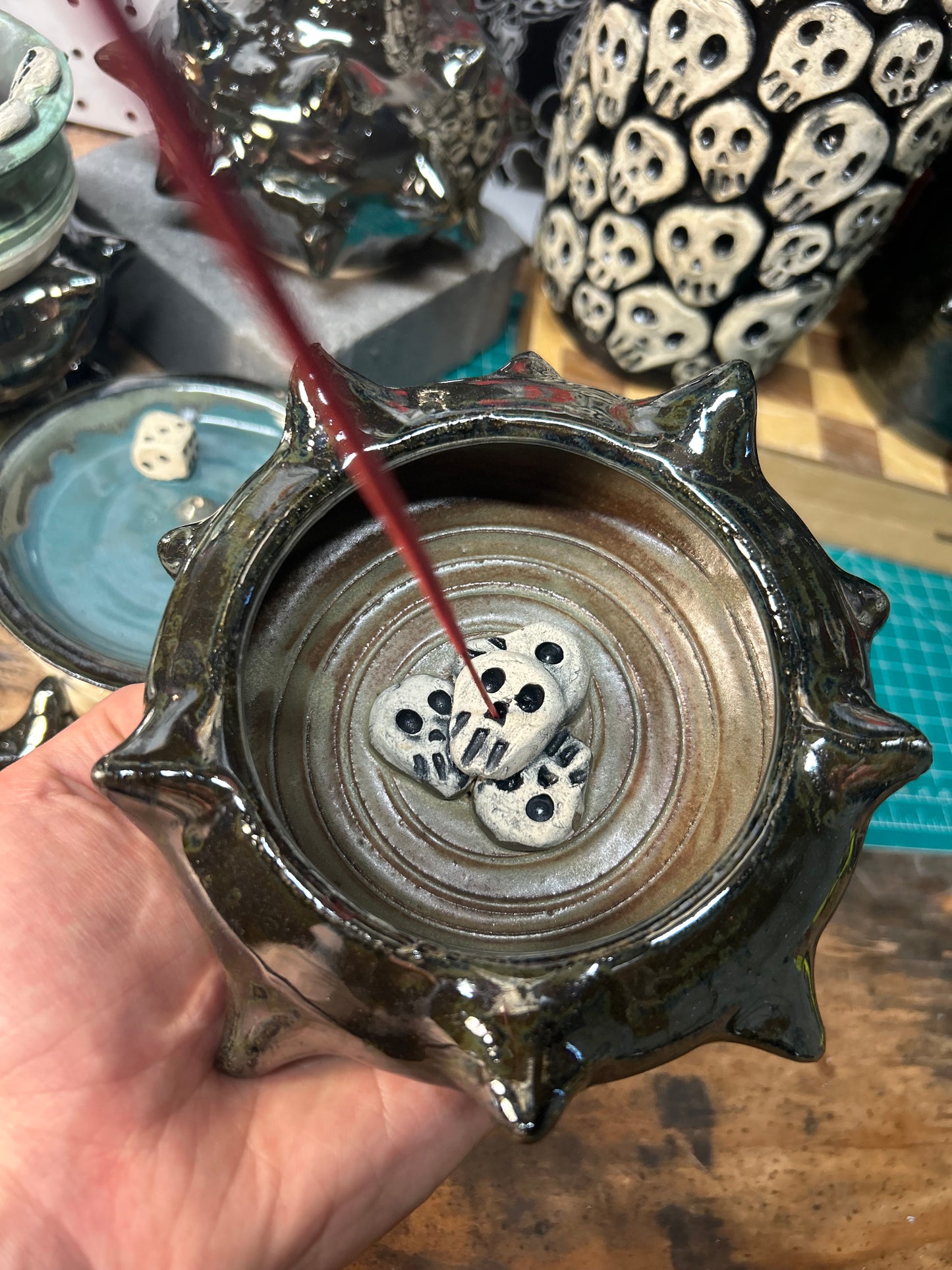 Spiky Brown Skullstack Incense Holder